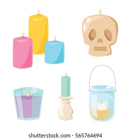 Vector halloween skull candle with fire.