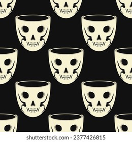 vector halloween skull mask seamless pattern on black.