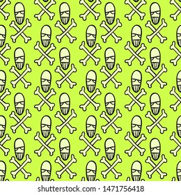 Vector Halloween skulls and bones seamless pattern. Design background for party poster. Hand drawn cartoon illustration isolated over acid green.