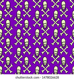 Vector Halloween skulls and bones seamless pattern. Design background for party poster. Hand drawn cartoon illustration. Objects isolated over purple.