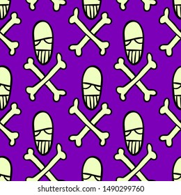 Vector Halloween skulls and bones seamless pattern. Design background for party poster. Hand drawn cartoon illustration. Objects isolated over purple.
