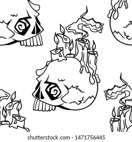 Vector Halloween skulls with candles seamless pattern in black and white. Design background for party poster. Hand drawn cartoon illustration.