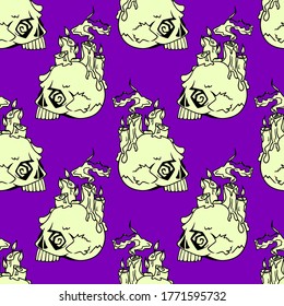 Vector Halloween skulls with candles seamless pattern. Design background for party poster. Hand drawn cartoon illustration. Objects isolated over purple.
