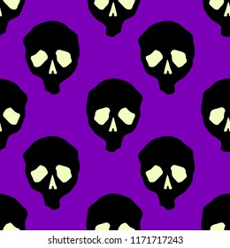 Vector Halloween skulls seamless pattern. Design background for party poster. Hand drawn cartoon illustration. Objects isolated over purple.
