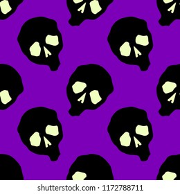 Vector Halloween skulls seamless pattern. Design background for party poster. Hand drawn cartoon illustration. Objects isolated over purple.