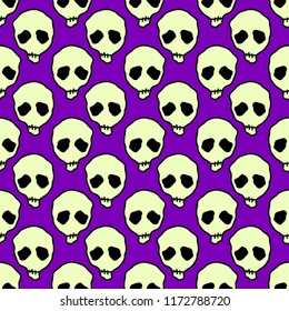 Vector Halloween skulls seamless pattern. Design background for party poster. Hand drawn cartoon illustration. Objects isolated over purple.