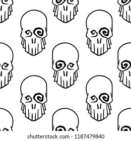 Vector Halloween skulls seamless pattern in black and white. Design background for party poster. Hand drawn cartoon illustration.