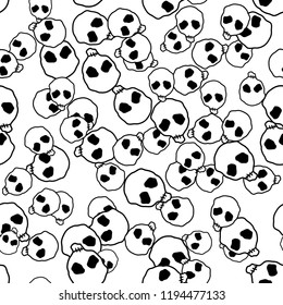 Vector Halloween skulls seamless pattern in black and white. Design background for party poster. Hand drawn cartoon illustration.