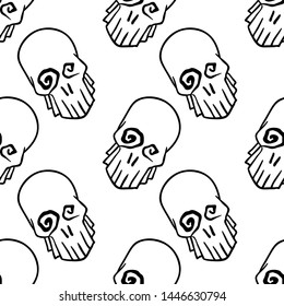Vector Halloween skulls seamless pattern in black and white. Design background for party poster. Hand drawn cartoon illustration.