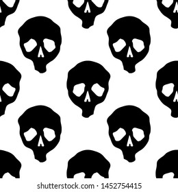 Vector Halloween skulls seamless pattern in black and white. Design background for party poster. Hand drawn cartoon illustration.