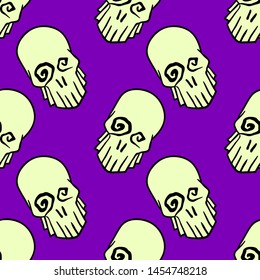 Vector Halloween skulls seamless pattern. Design background for party poster. Hand drawn cartoon illustration. Objects isolated over purple.