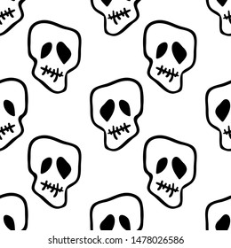 Vector Halloween skulls seamless pattern in black and white. Design background for party poster. Hand drawn cartoon illustration.