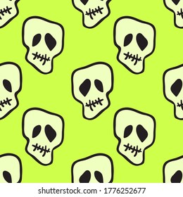 Vector Halloween skulls seamless pattern. Design background for party poster. Hand drawn cartoon illustration isolated over acid green.