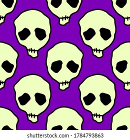 Vector Halloween skulls seamless pattern. Design background for party poster. Hand drawn cartoon illustration. Objects isolated over purple.