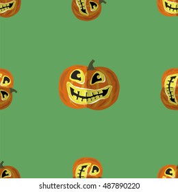 Vector Halloween Smiling Pumpkin Seamless Pattern on Green