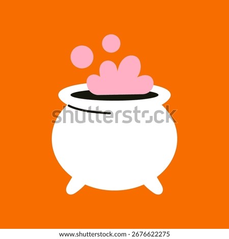 Vector halloween sorcerer witch cauldron with bubbling potion clipart isolated on orange background. Cute magic cooking pot for halloween decoration in flat design.