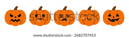 Vector halloween spooky pumpkin set in flat design. Cute orange vegetables. Adorable clipart for autumn, thanksgiving and seasonal decoration. Funny jack o lantern collection.