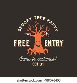 Vector Halloween Spooky Tree Silhouette Label, Symbol or Flyer Template. With Retro Typography. Orange on Brown Background.