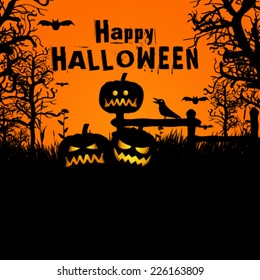 Vector halloween spooky yard with evil pumpkin lantern background, illustration
