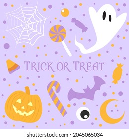 Vector Halloween square frame with pumpkin, skull, ghost, bones, candies, ghost, broom, cauldron and trick or treat word. Design for holiday greeting card, banner, poster.