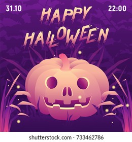 Vector halloween square party poster with spooky text. Pumpkin in dark mystic violet forest with grass and fireflies