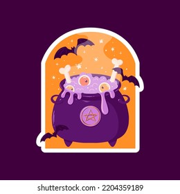 Vector Halloween sticker with bone, eyes, bats and cauldron. Witch craft. Autumn holiday card for print.