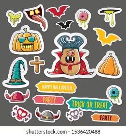 Vector halloween sticker icons set with dracula, witch hat, scary pumpkin, bat , skull, happy halloween text, demon and zombie eyes, wooden cemetry cross, monsters isolated on grey background. 