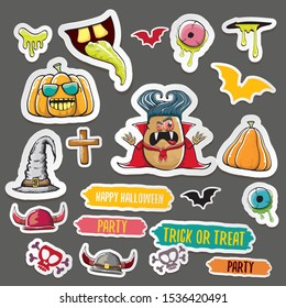 Vector halloween sticker icons set with dracula, witch hat, scary pumpkin, bat , skull, happy halloween text, demon and zombie eyes, wooden cemetry cross, monsters isolated on grey background. 
