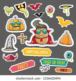 Vector halloween sticker icons set with dracula, witch hat, scary pumpkin, bat , skull, happy halloween text, demon and zombie eyes, wooden cemetry cross, monsters isolated on grey background. 