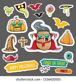 Vector halloween sticker icons set with dracula, witch hat, scary pumpkin, bat , skull, happy halloween text, demon and zombie eyes, wooden cemetry cross, monsters isolated on grey background. 