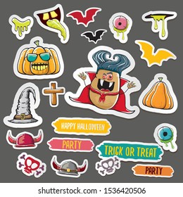 Vector halloween sticker icons set with dracula, witch hat, scary pumpkin, bat , skull, happy halloween text, demon and zombie eyes, wooden cemetry cross, monsters isolated on grey background. 
