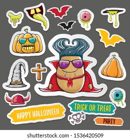 Vector halloween sticker icons set with dracula, witch hat, scary pumpkin, bat , skull, happy halloween text, demon and zombie eyes, wooden cemetry cross, monsters isolated on grey background. 