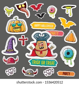 Vector halloween sticker icons set with dracula, witch hat, scary pumpkin, bat , skull, happy halloween text, demon and zombie eyes, wooden cemetry cross, monsters isolated on grey background. 