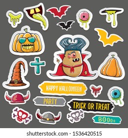 Vector halloween sticker icons set with dracula, witch hat, scary pumpkin, bat , skull, happy halloween text, demon and zombie eyes, wooden cemetry cross, monsters isolated on grey background. 