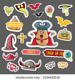Vector halloween sticker icons set with dracula, witch hat, scary pumpkin, bat , skull, happy halloween text, demon and zombie eyes, wooden cemetry cross, monsters isolated on grey background. 