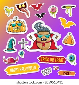 Vector Halloween sticker icons set with Dracula, witch hat, scary pumpkin, bat, skull, happy Halloween text, demon and zombie eyes, wooden cemetery cross, monsters isolated on violet background.