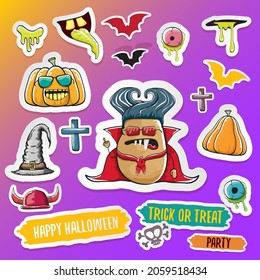 Vector Halloween sticker icons set with Dracula, witch hat, scary pumpkin, bat, skull, happy Halloween text, demon and zombie eyes, wooden cemetery cross, monsters isolated on violet background.