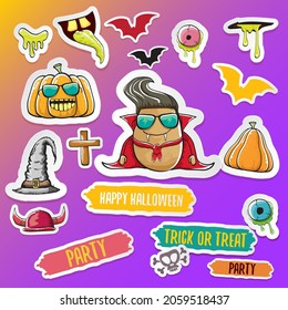 Vector Halloween sticker icons set with Dracula, witch hat, scary pumpkin, bat, skull, happy Halloween text, demon and zombie eyes, wooden cemetery cross, monsters isolated on violet background.