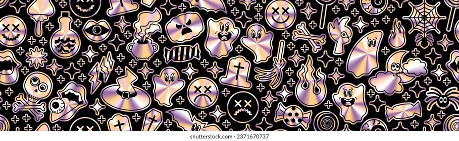 Vector Halloween sticker pattern. Cute y2k cartoon icon banner. Seamless hologram pattern in 90s style. Bat, pumpkin, cauldron, magic potion, skull, hat and ghost characters. Holographic spooky print