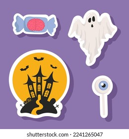 Vector Halloween sticker set with candy,ghost,castle.Use for event invitation,discount voucher,advertising,greeting card,logo,packaging,textile,web