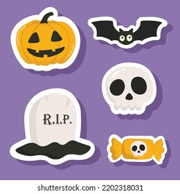 Vector Halloween sticker set with candy,grave,bat,skull,Halloween pumpkin.Use for event invitation,discount voucher,advertising,greeting card,logo,packaging,textile,web