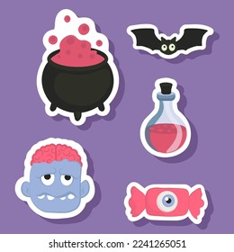 Conjunto de stickers Vector Halloween con caramelos, zombie, murciélago,caldero de poción,castillo,matraz de poción.Uso para invitación al evento, cupón de descuento, publicidad, tarjeta de saludo, logotipo, embalaje,textil,web