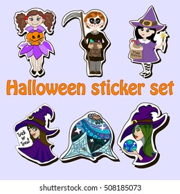 vector halloween sticker set of different characters in costumes. witch, vampire, skleleton, death, magic ball, pumpkin. 