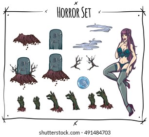 Vector halloween sticker set with vampire sexy zombie and grave on white background