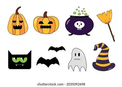 Vector halloween stickers collection of elements. Halloween elements with pumpkins, bat, cat, broostick, ghost, candy, hat, gravestone 