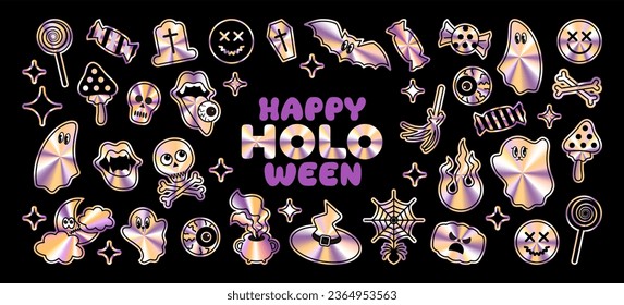 Vector Halloween stickers. Cute kawaii cartoon character icons. Hologram illustrations in trendy retro 90s style: bat, pumpkin, cauldron, magic potion, skull and ghost. Holographic spooky y2k stickers