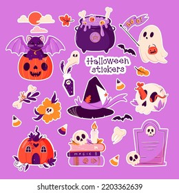 Vector Halloween stickers with pumpkin, ghost, skulls, bats, black cat, cauldron. Autumn holiday card for print.