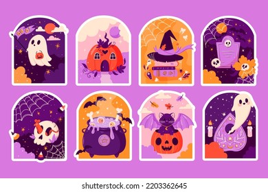 Vector Halloween stickers with pumpkin, ghost, skulls, bats, black cat, cauldron. Autumn holiday card for print.