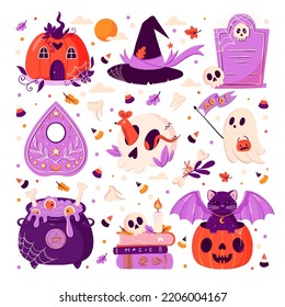 Vector Halloween stickers with pumpkin, ghost, skulls, bats, black cat, cauldron. Autumn holiday card for print.