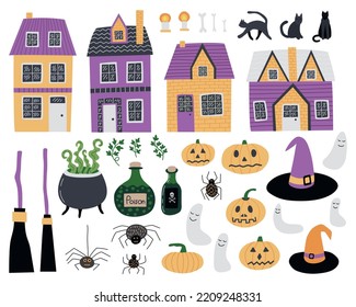 Vector Halloween stickers set. Cute Halloween objects in cartoon style set. Country house, broom, witch hat, potion, pumpkin head and spider